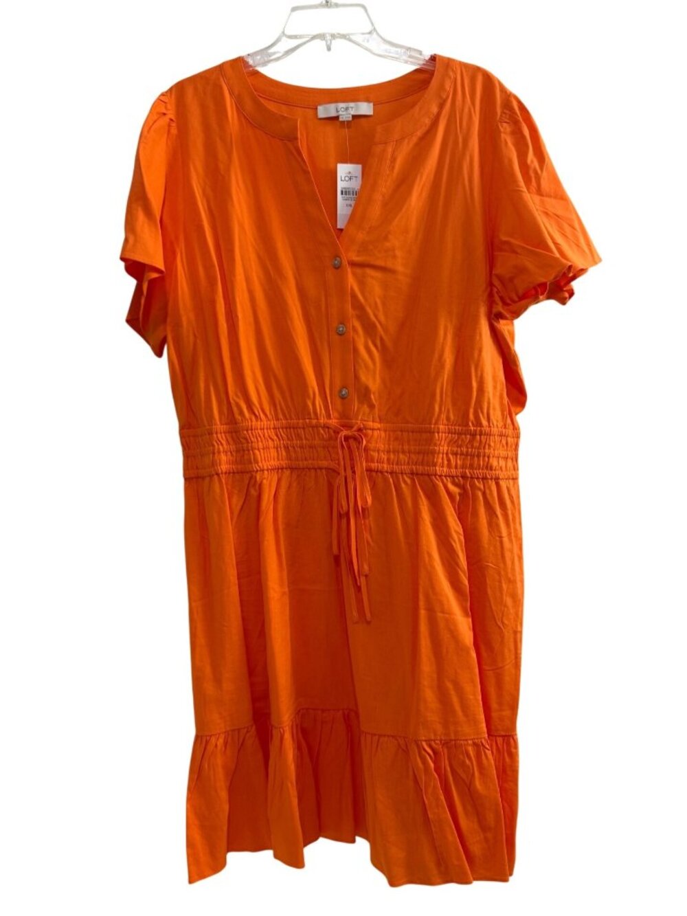 Loft Orange Button Front Dress Drawstring Waist Short Sleeves Ruffled Hem XXL
